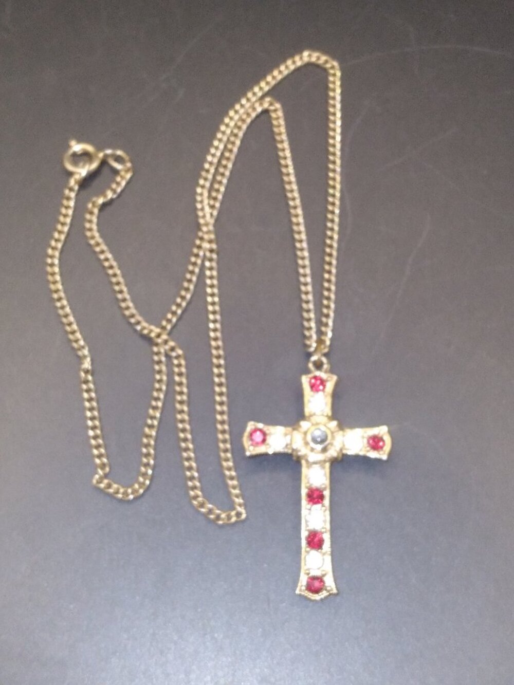LORDS PRAYER! pendant Vintage Necklace Red & Clear Rhinestones Cross Pendant